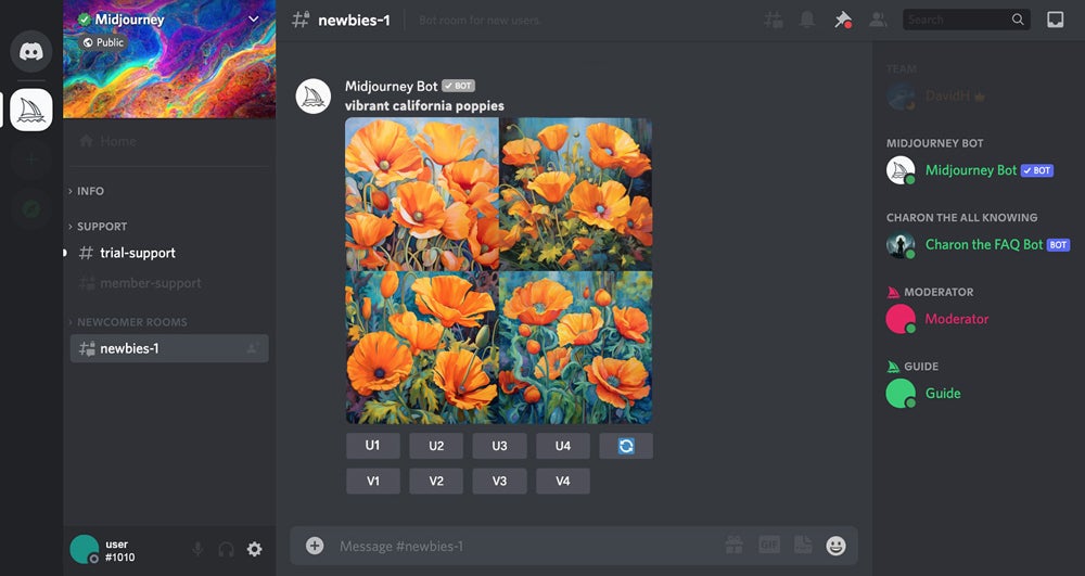 Midjourney interface on Discord.