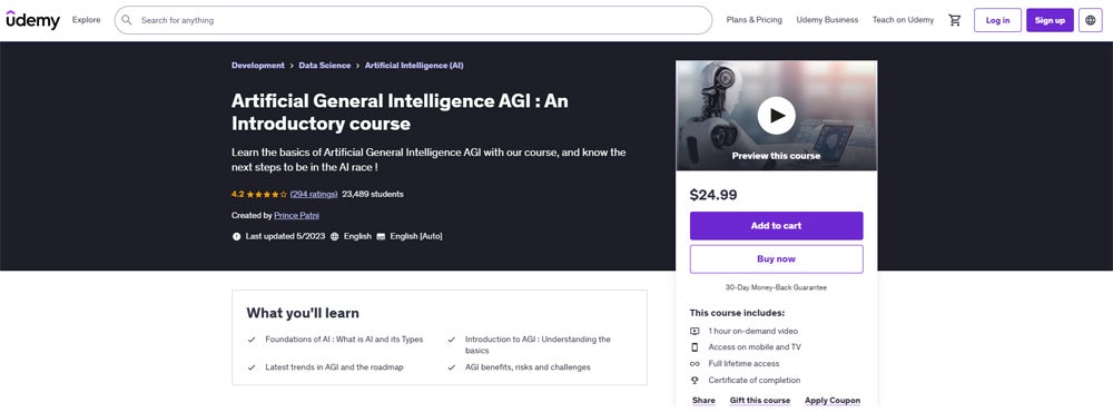 Artificial General Intelligence AGI: An Introductory Course on Udemy.