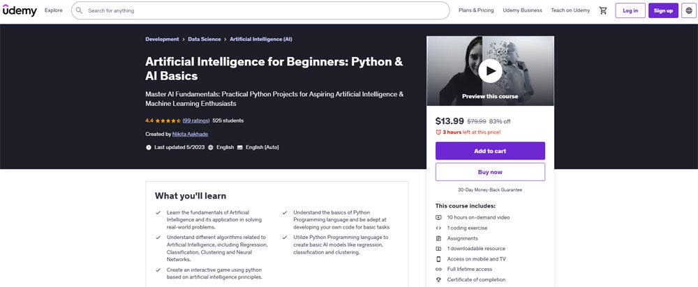 Artificial Intelligence for Beginners: Python and AI Basics on Udemy.