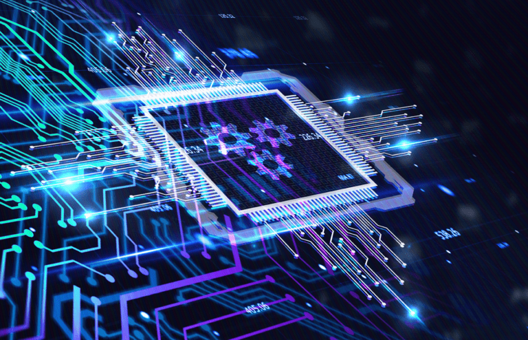 Virtual chip with gear icons embedded on a digital circuit grid.