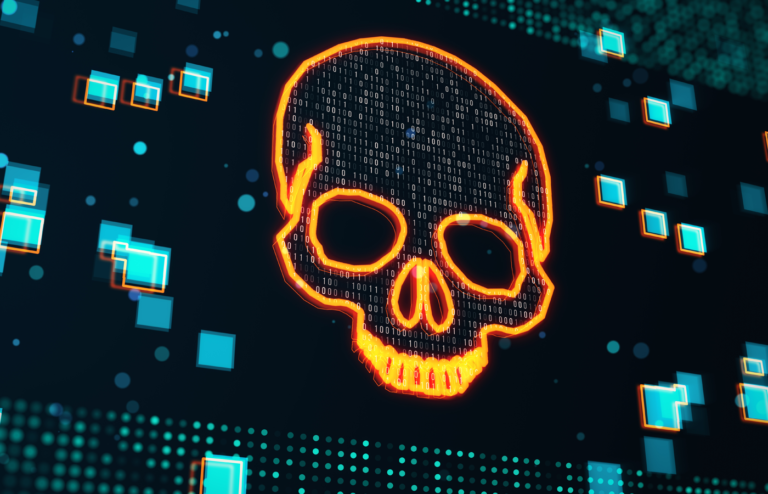 Digital illustration of an orange glowing skull on dark screen texture background.