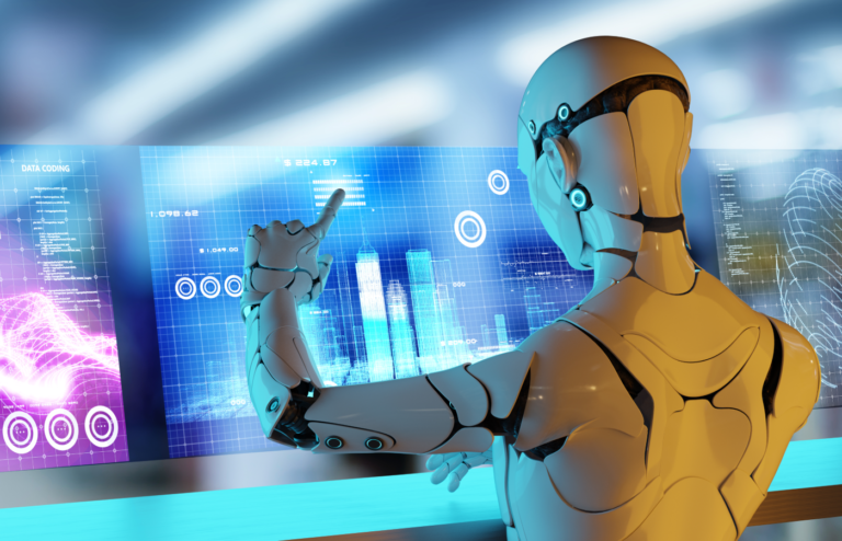 3D render of a robot interacting with graphs and information in a cyber factory.