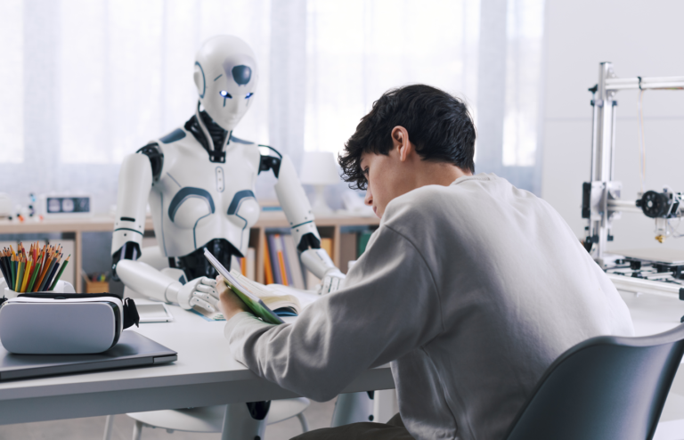 A robot teacher and a student in a classroom.