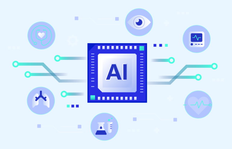 Flat vector illustration of AI in healthcare and medical field.