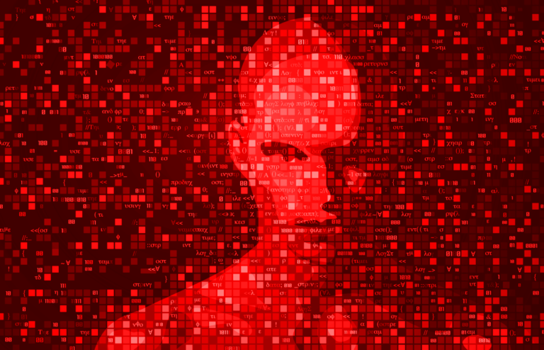 Silhouette of a man hidden in programming code.