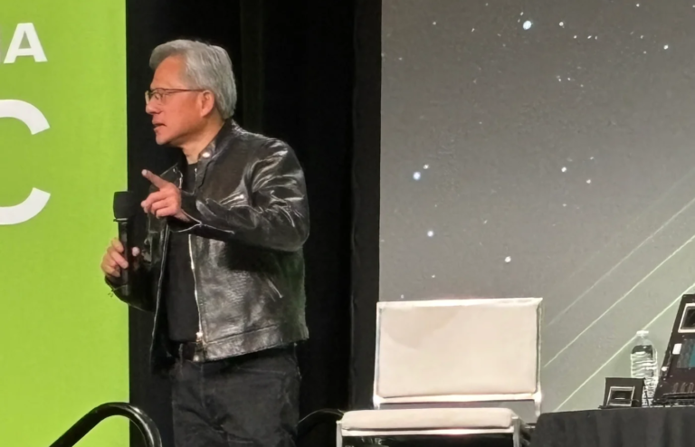 Caption: NVIDIA CEO Jensen Huang speaks during a press Q&A during NVIDIA GTC in San Jose, California on March 19.