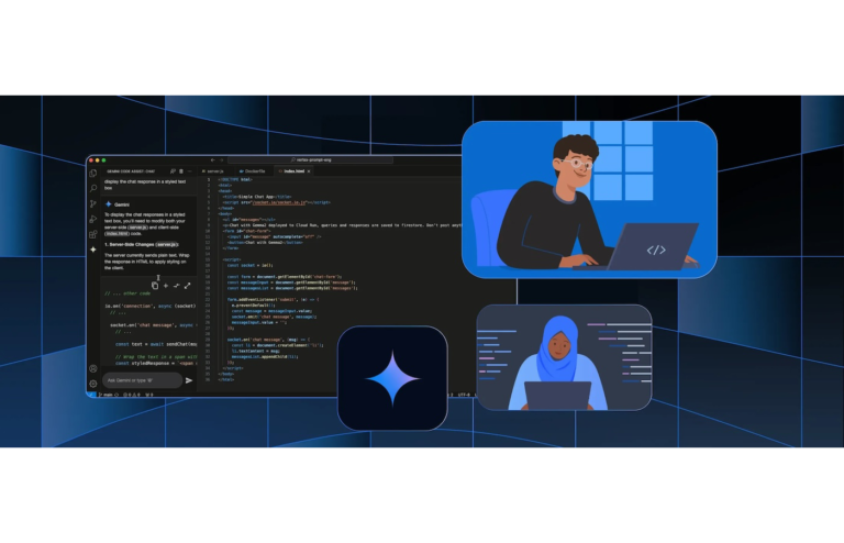 Flat vector illustration of programmers encoding with snippets of code.